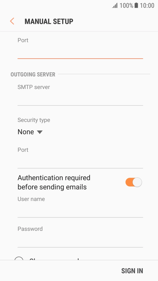 Press the field below 'SMTP server' and key in the name of your email provider's outgoing server. Press the field below 'SMTP server' and key in the name of your email provider's outgoing server.