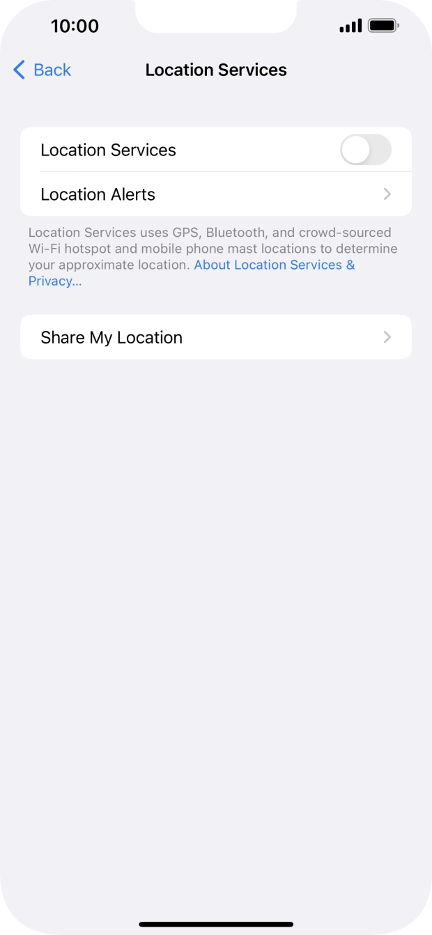 Press the indicator next to 'Location Services' to turn the function on or off.
