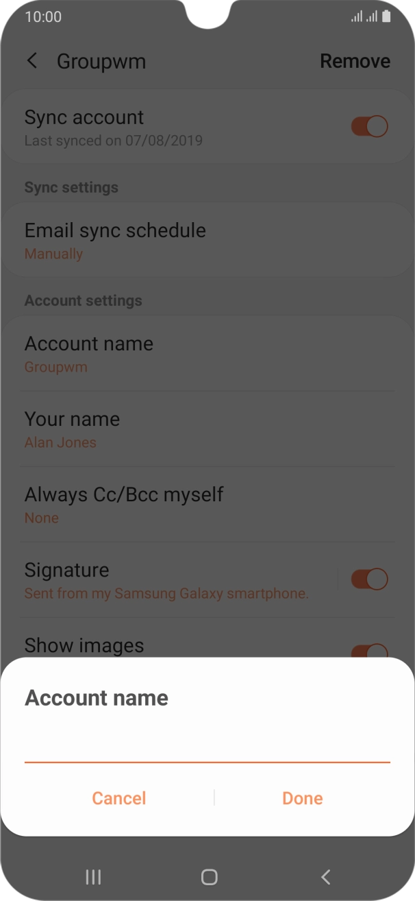 Key in the required name for the email account and press Done.