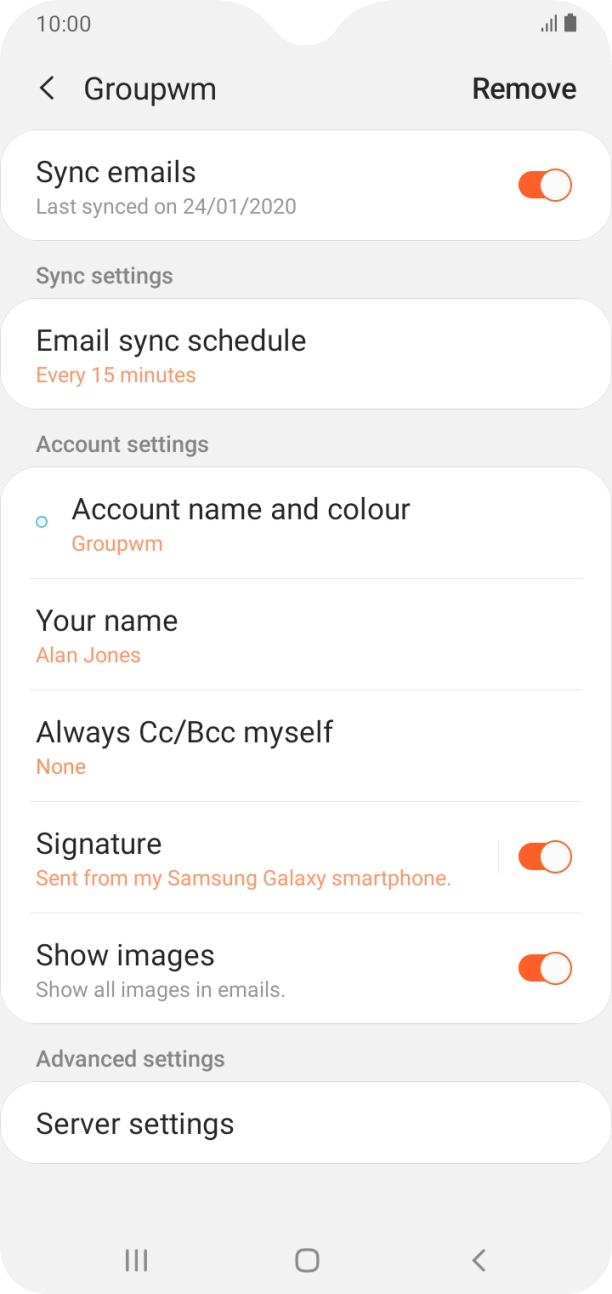 Press the indicator next to 'Sync emails' to turn on the function. Press the indicator next to 'Sync emails' to turn on the function.