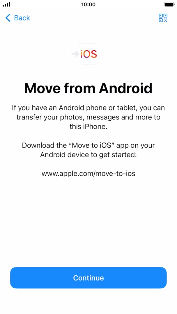 To transfer content to your phone, you need to install the app 'Move to iOS' on the Android phone. When the app is installed, press Continue.