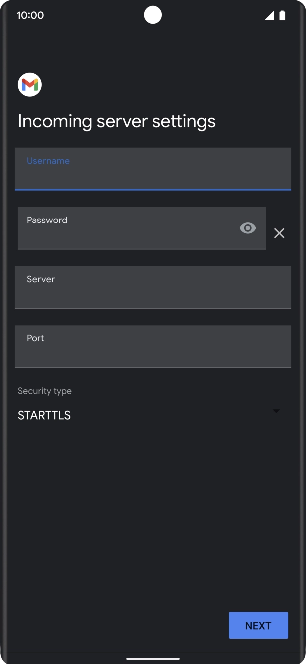 Press the field below 'Server' and key in the name of your email provider's incoming server. Press the field below 'Server' and key in the name of your email provider's incoming server.