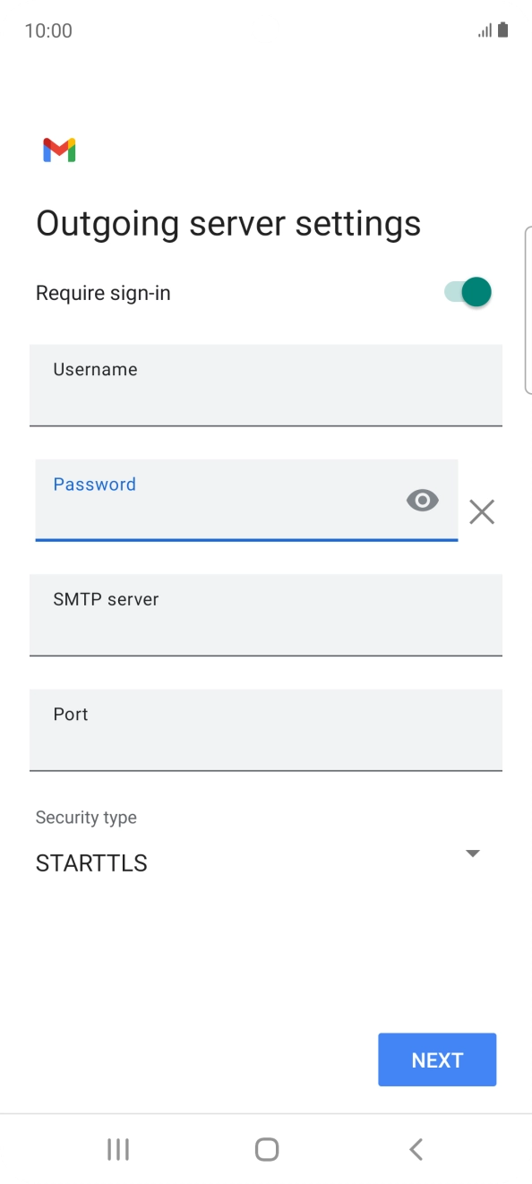 Press the field below 'SMTP server' and key in the name of your email provider's outgoing server. Press the field below 'SMTP server' and key in the name of your email provider's outgoing server.