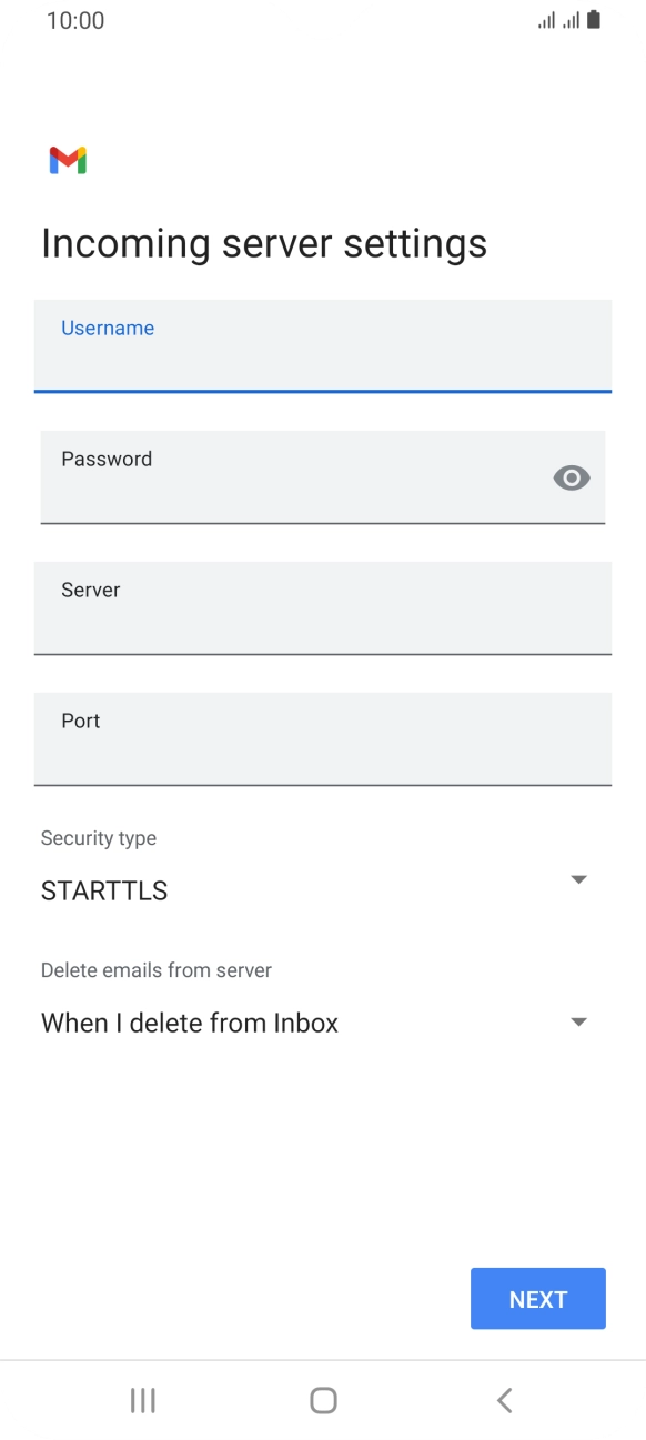 Press the field below 'Server' and key in the name of your email provider's incoming server.