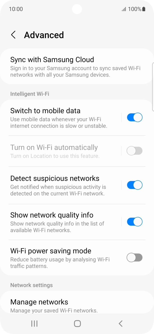 Press the indicator next to 'Switch to mobile data' to turn the function on or off. Press the indicator next to 'Switch to mobile data' to turn the function on or off.