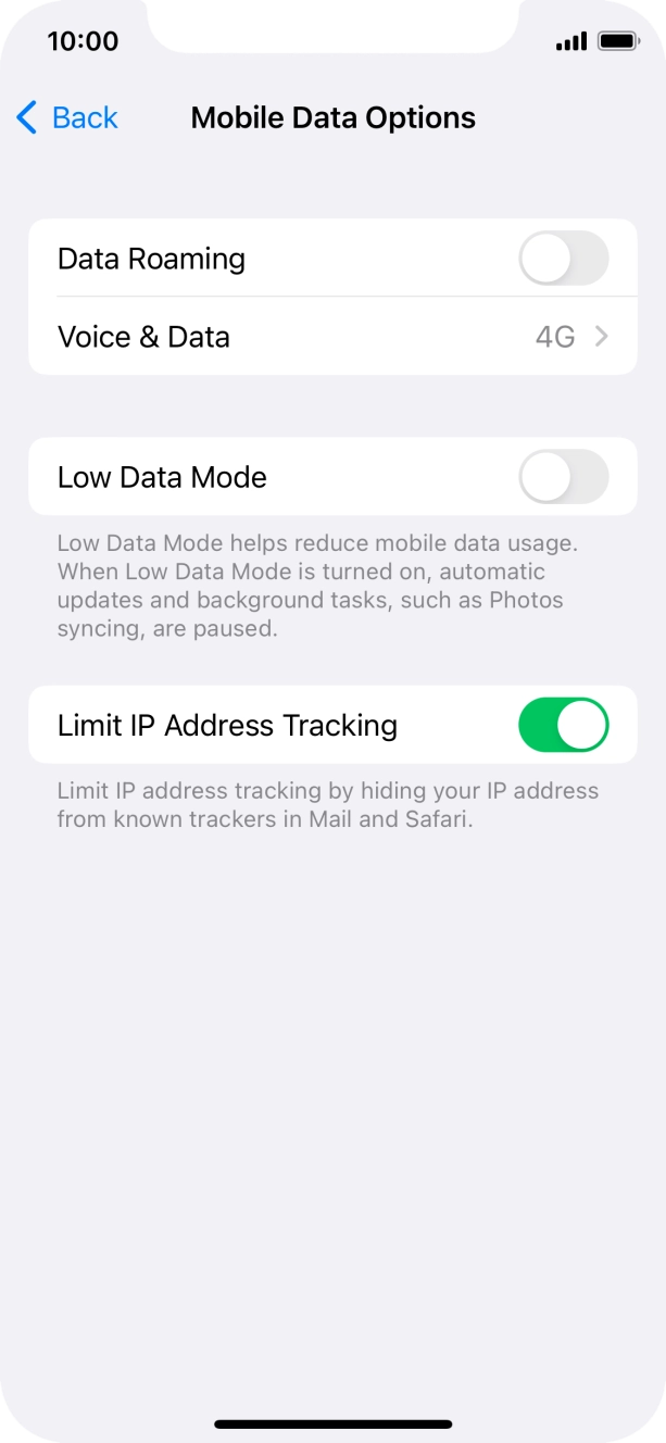 Press the indicator next to 'Low Data Mode' to turn the function on or off. Press the indicator next to 'Low Data Mode' to turn the function on or off.
