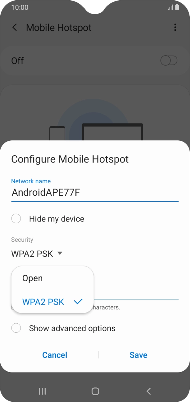Press WPA2 PSK to password protect your WiFi hotspot.