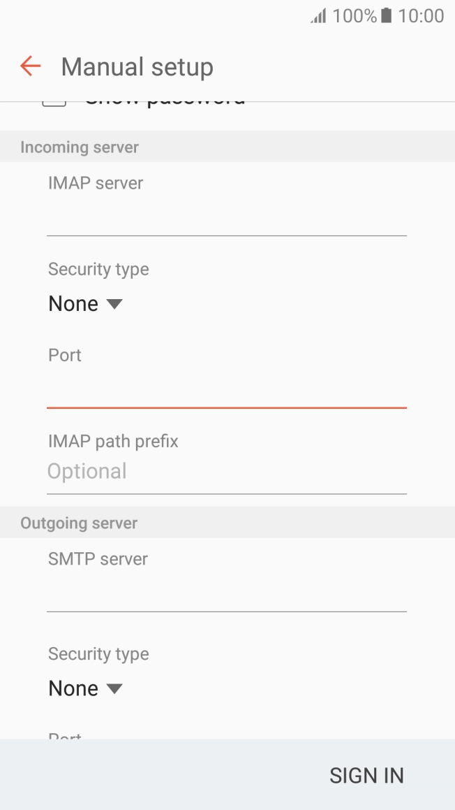 Press the field below 'SMTP server' and key in the name of your email provider's outgoing server. Press the field below 'SMTP server' and key in the name of your email provider's outgoing server.
