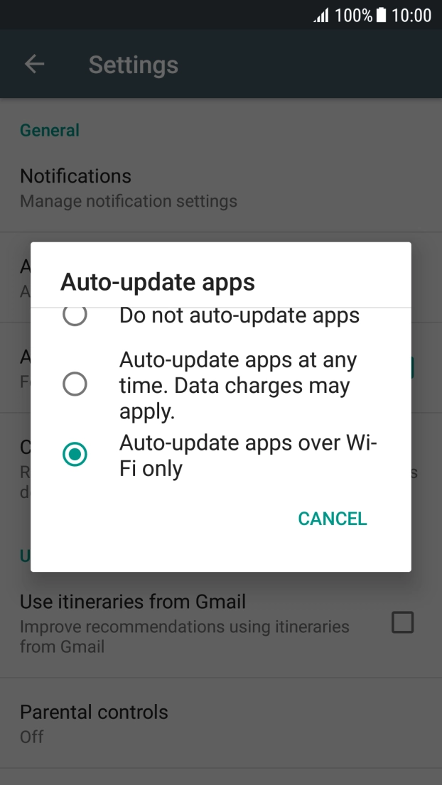 To turn on automatic update of apps using WiFi, press Auto-update apps over Wi-Fi only.