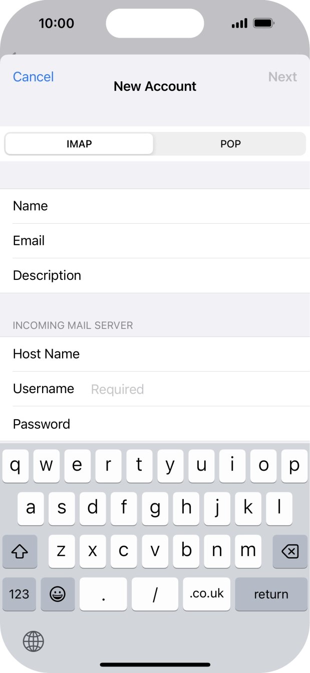 Press Username and key in the username for your email account.