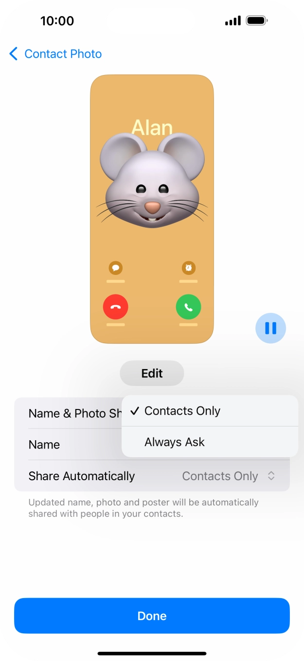 Press the required setting.