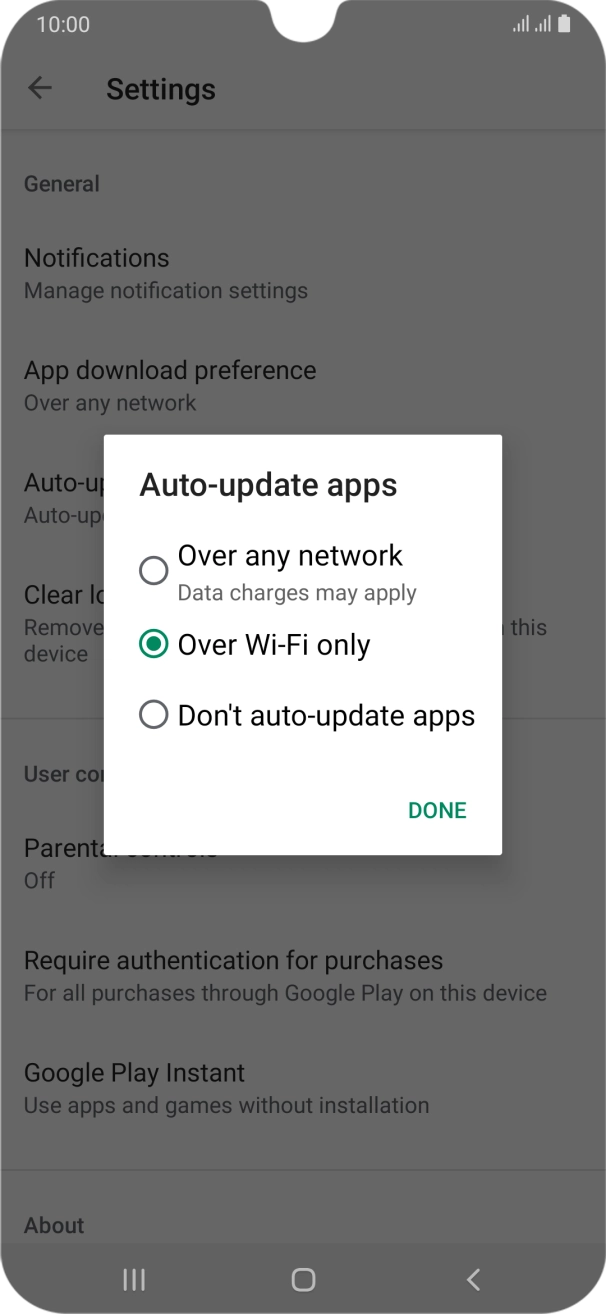 To turn on automatic update of apps using mobile network, press Over any network.