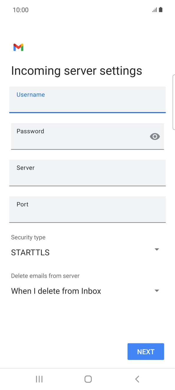 Press the field below 'Server' and key in the name of your email provider's incoming server. Press the field below 'Server' and key in the name of your email provider's incoming server.