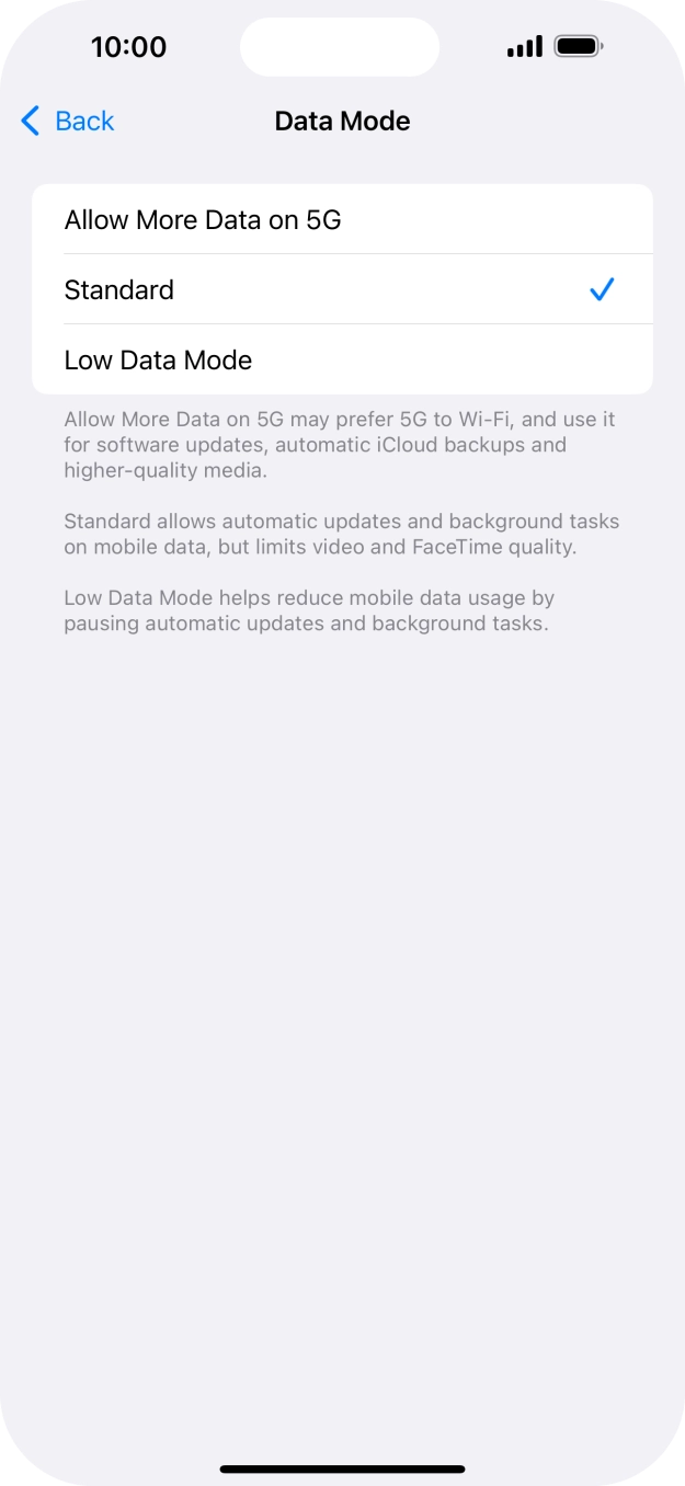 Press the required setting.