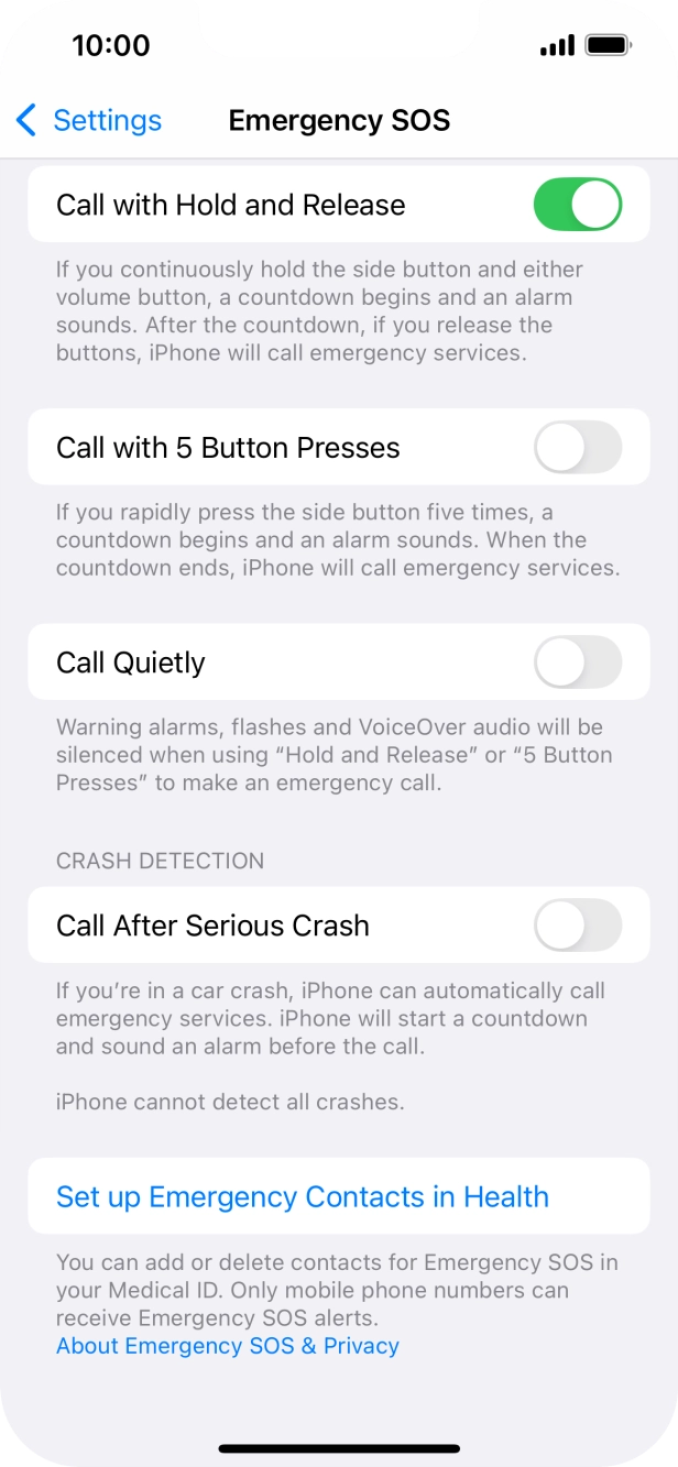 Press the indicator next to 'Call After Serious Crash' to turn on the function.