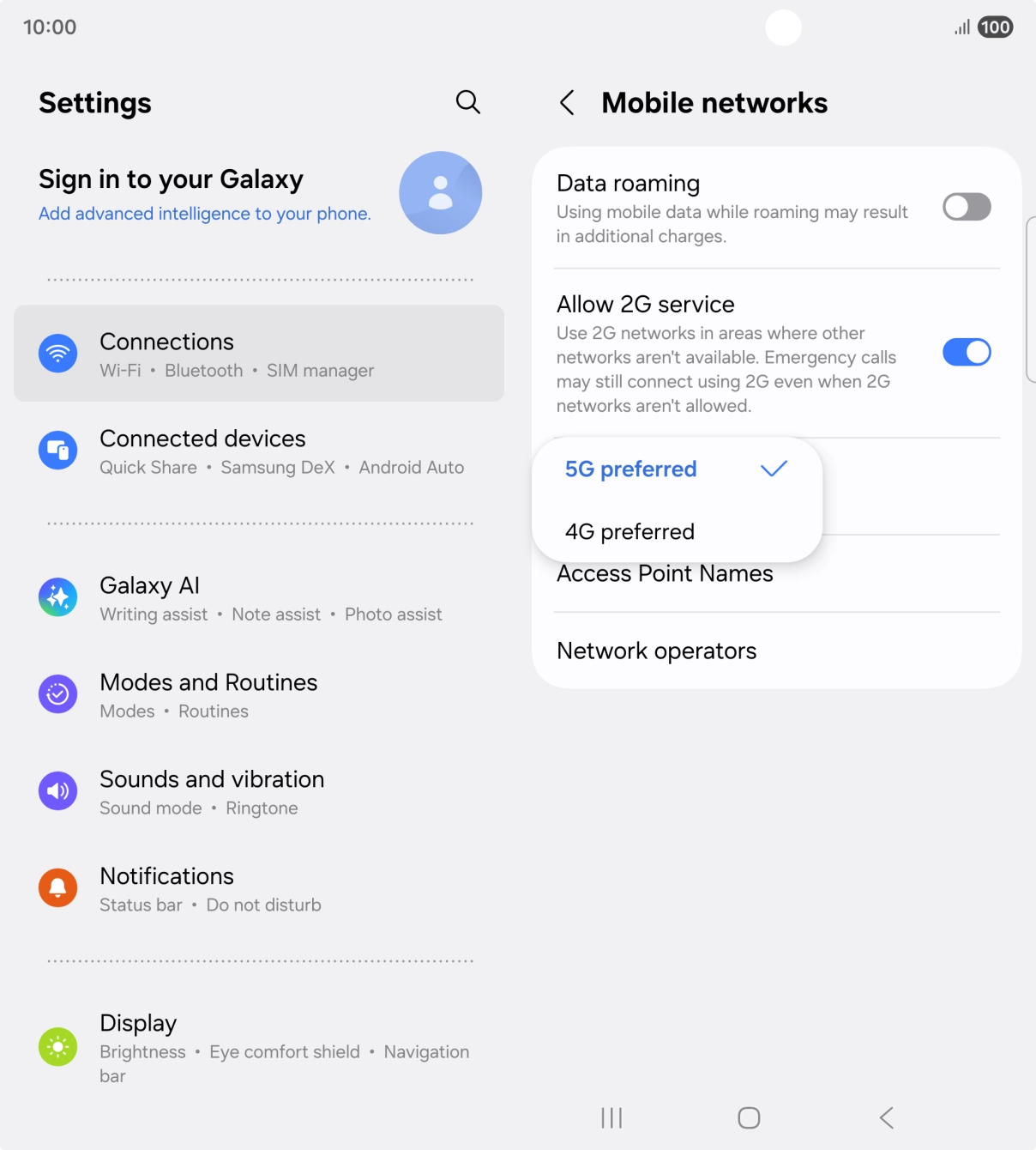 Press the required network mode.