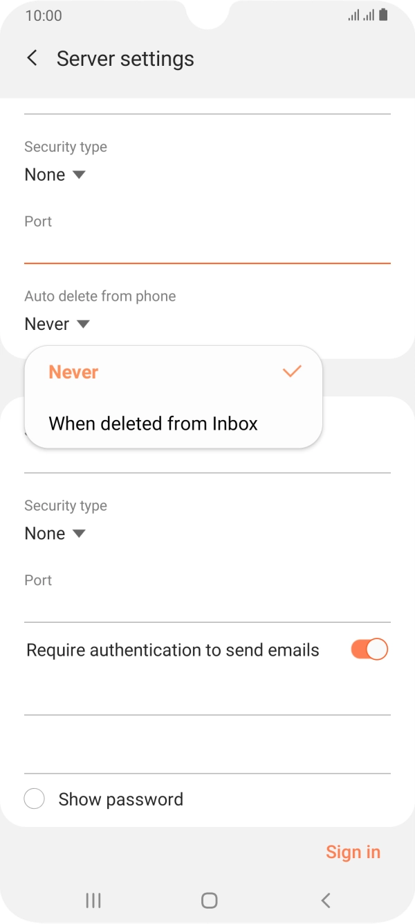 Press Never to keep emails on the server when you delete them on your phone. Press Never to keep emails on the server when you delete them on your phone.