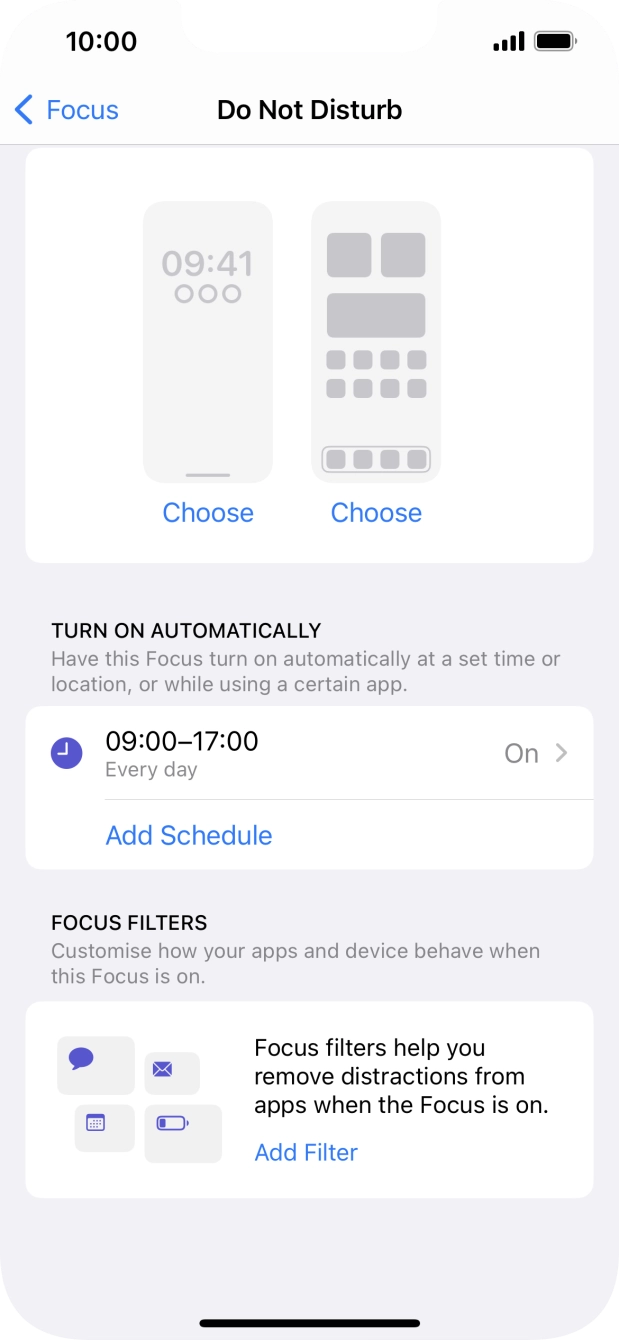 Press Add Schedule and follow the instructions on the screen to select settings for automatic activation of Do Not Disturb. Press Add Schedule and follow the instructions on the screen to select settings for automatic activation of Do Not Disturb.
