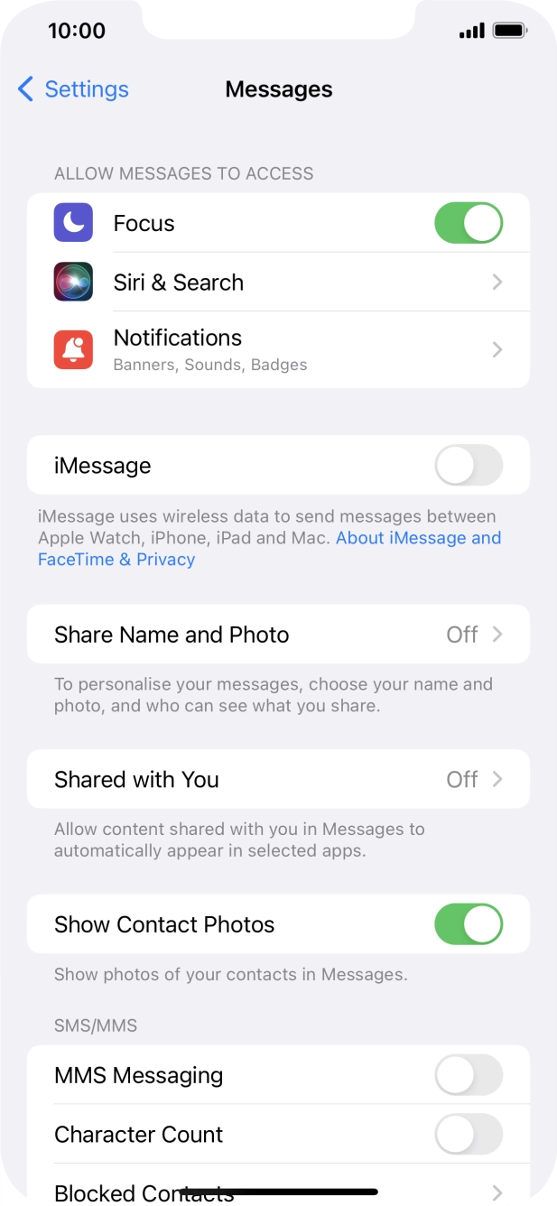 Press the indicator next to 'iMessage' to turn on the function.