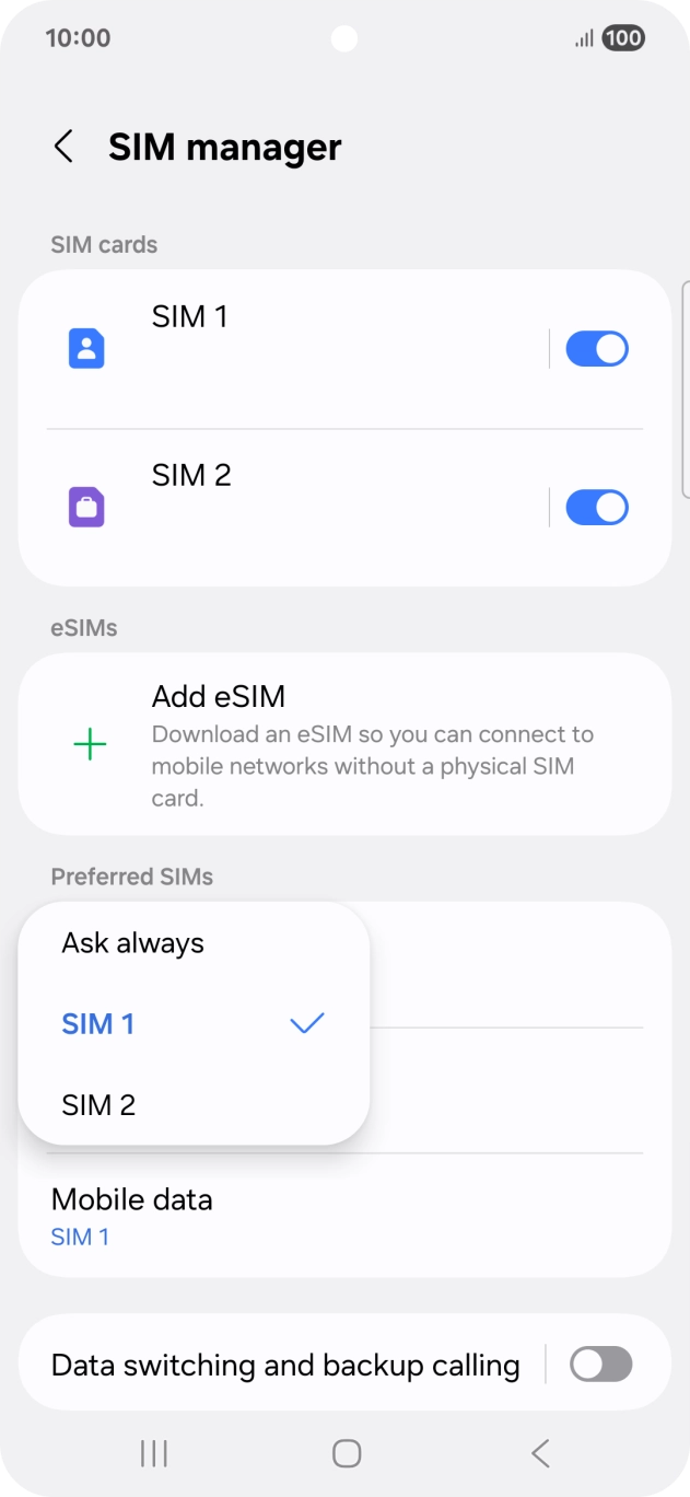 Press the required setting.