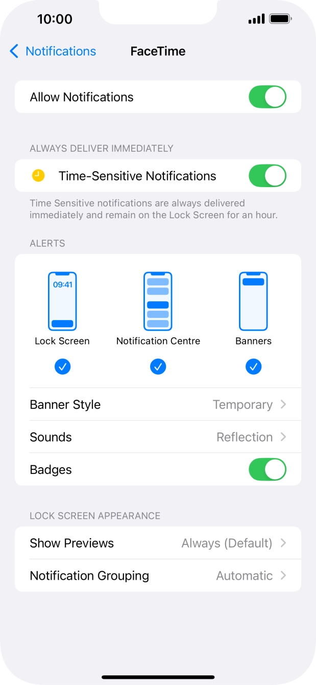Press the indicator next to 'Allow Notifications' to turn notifications for the selected application on or off.