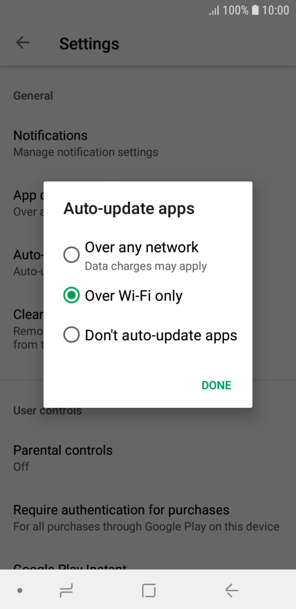 To turn on automatic update of apps using mobile network, press Over any network Data charges may apply. To turn on automatic update of apps using mobile network, press Over any network Data charges may apply.