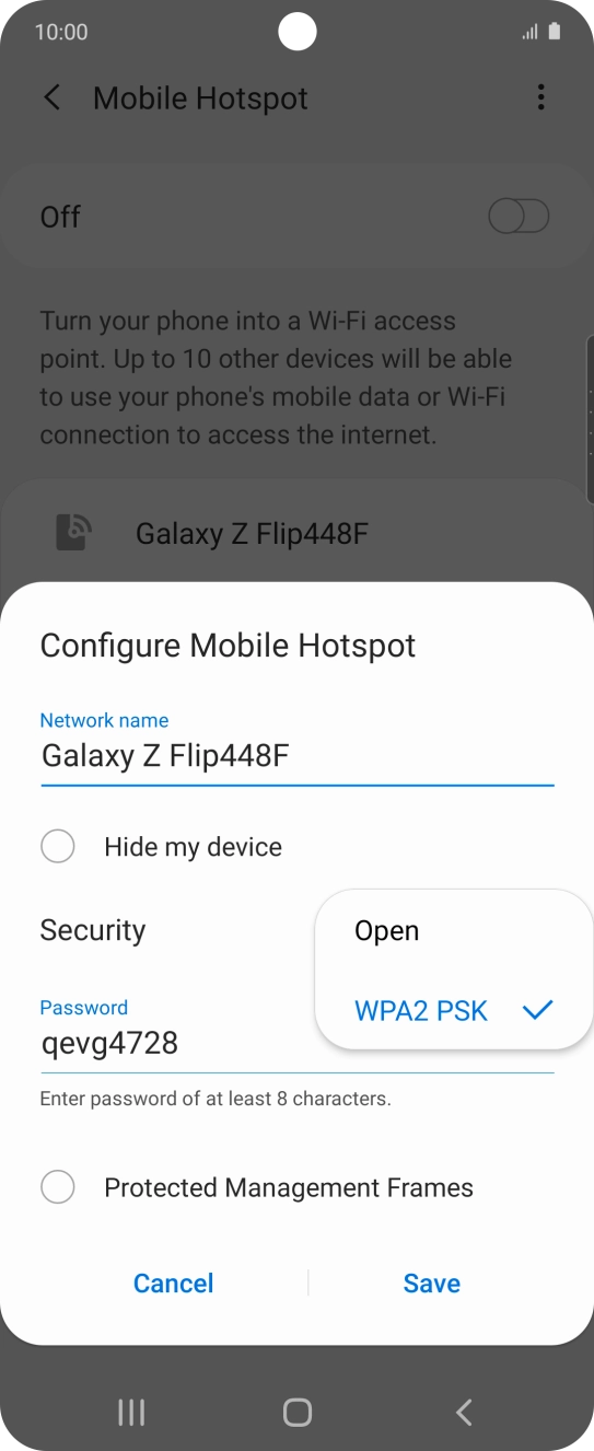 Press WPA2 PSK to password protect your WiFi hotspot. Press WPA2 PSK to password protect your WiFi hotspot.