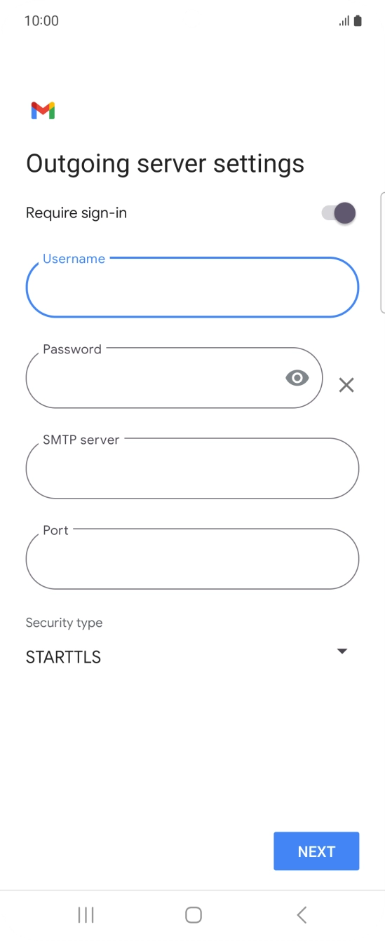 Press the field below 'Password' and key in the password of your email provider's outgoing server. Press the field below 'Password' and key in the password of your email provider's outgoing server.