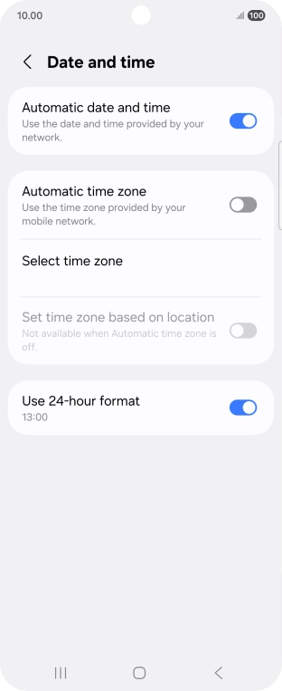 Press the indicator next to 'Automatic time zone' to turn on the function.