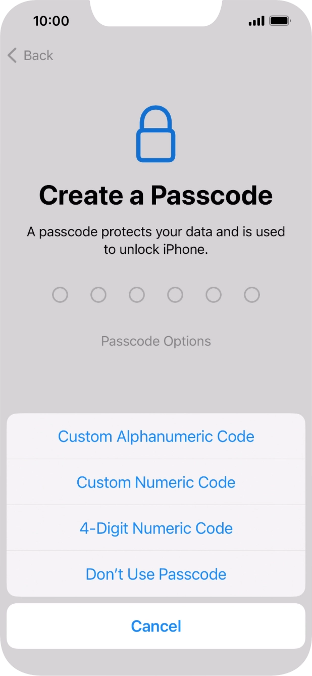 Follow the instructions on the screen to turn on the lock code or press Don't Use Passcode.