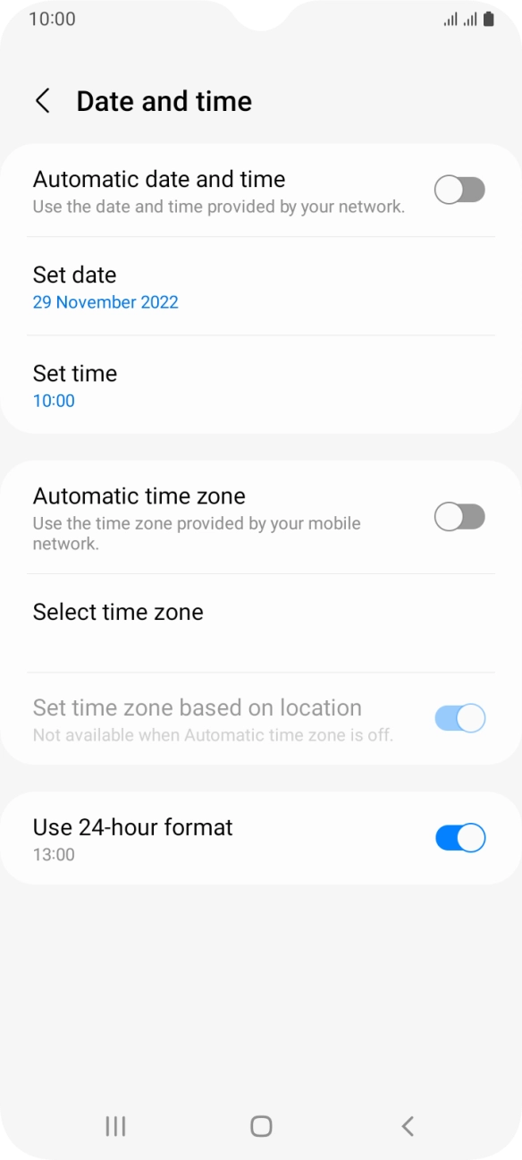 Press the indicator next to 'Automatic date and time' to turn on the function.