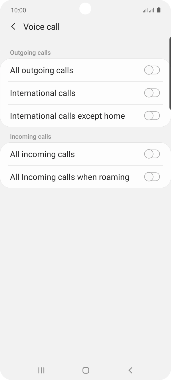 Press the indicator next to the required barring type to turn the function on or off. Press the indicator next to the required barring type to turn the function on or off.