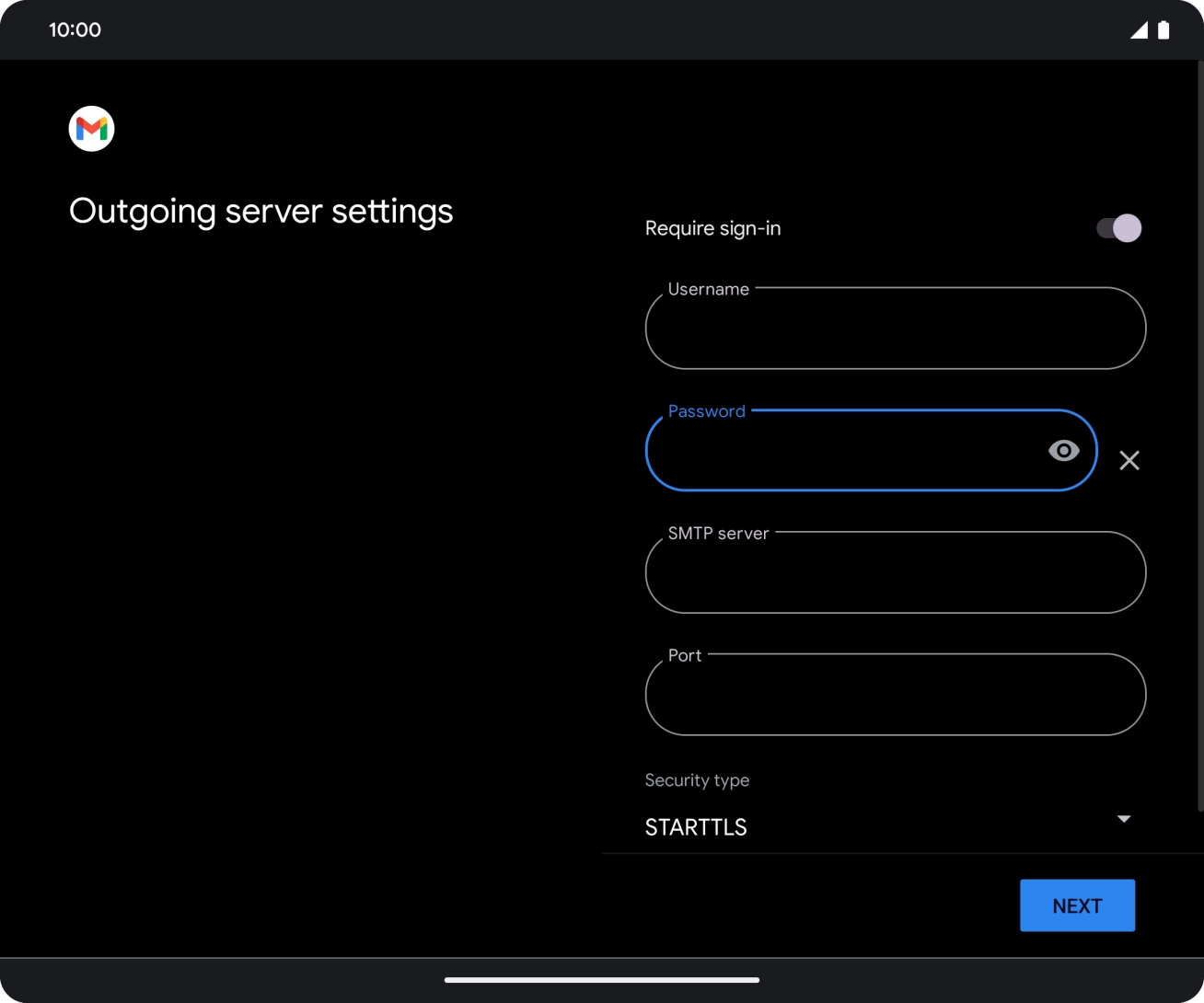 Press the field below 'SMTP server' and key in the name of your email provider's outgoing server. Press the field below 'SMTP server' and key in the name of your email provider's outgoing server.
