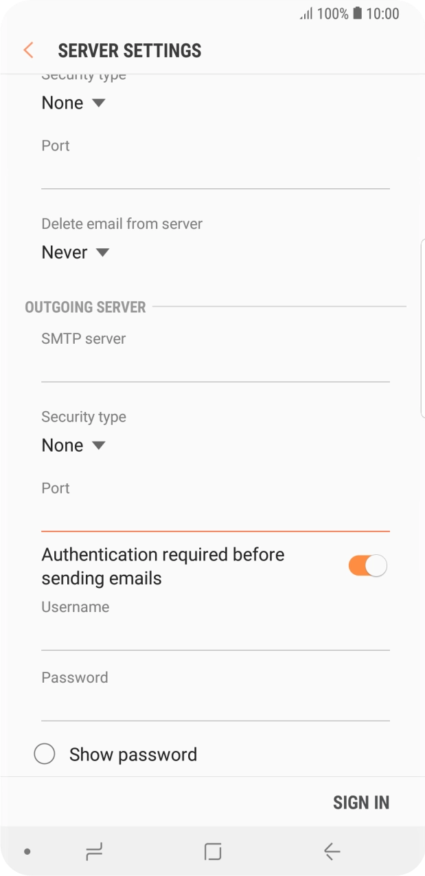 Press the indicator next to 'Authentication required before sending emails' to turn on the function. Press the indicator next to 'Authentication required before sending emails' to turn on the function.