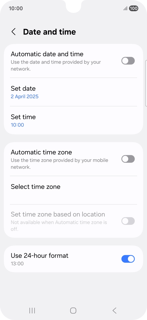 Press the indicator next to 'Automatic date and time' to turn on the function.