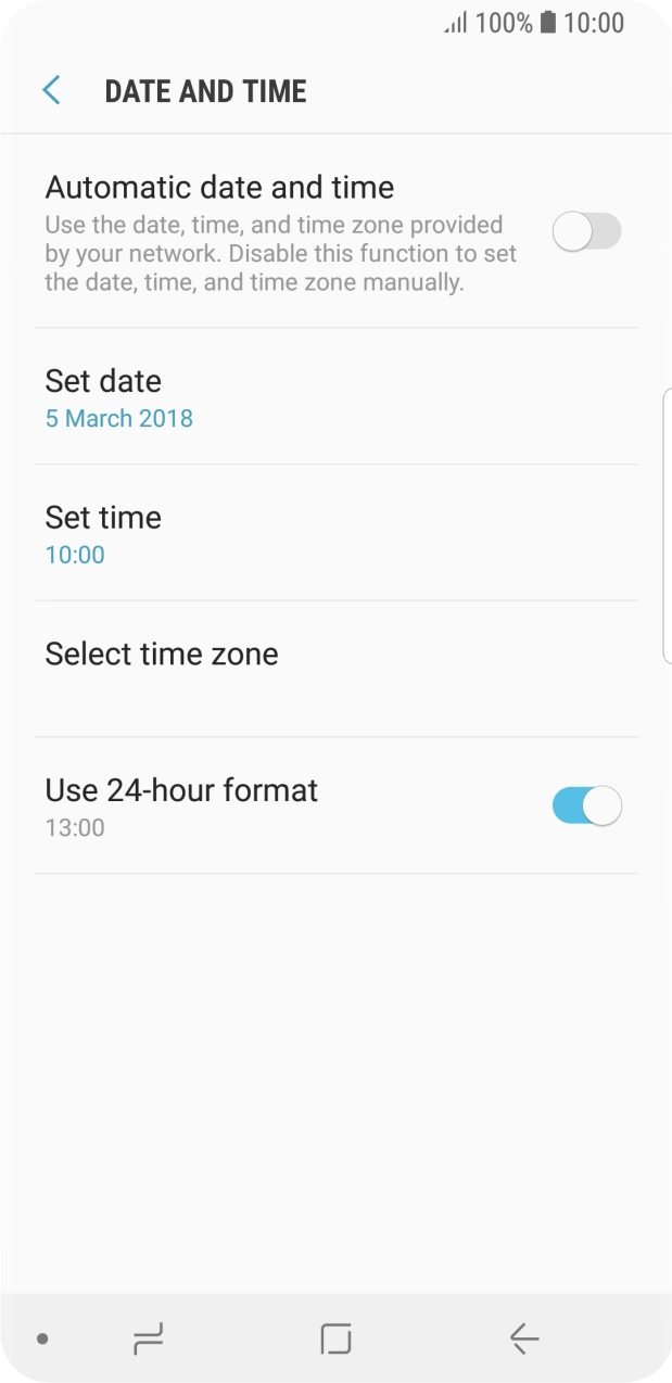 Press the indicator next to 'Automatic date and time' to turn on the function.