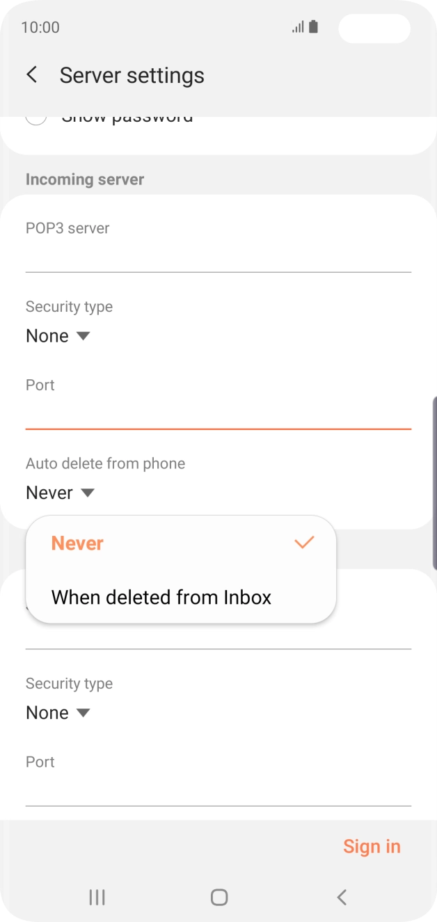 Press Never to keep emails on the server when you delete them on your phone. Press Never to keep emails on the server when you delete them on your phone.