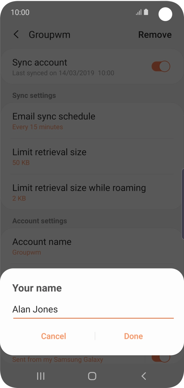 Key in the required name for the email account and press Done.