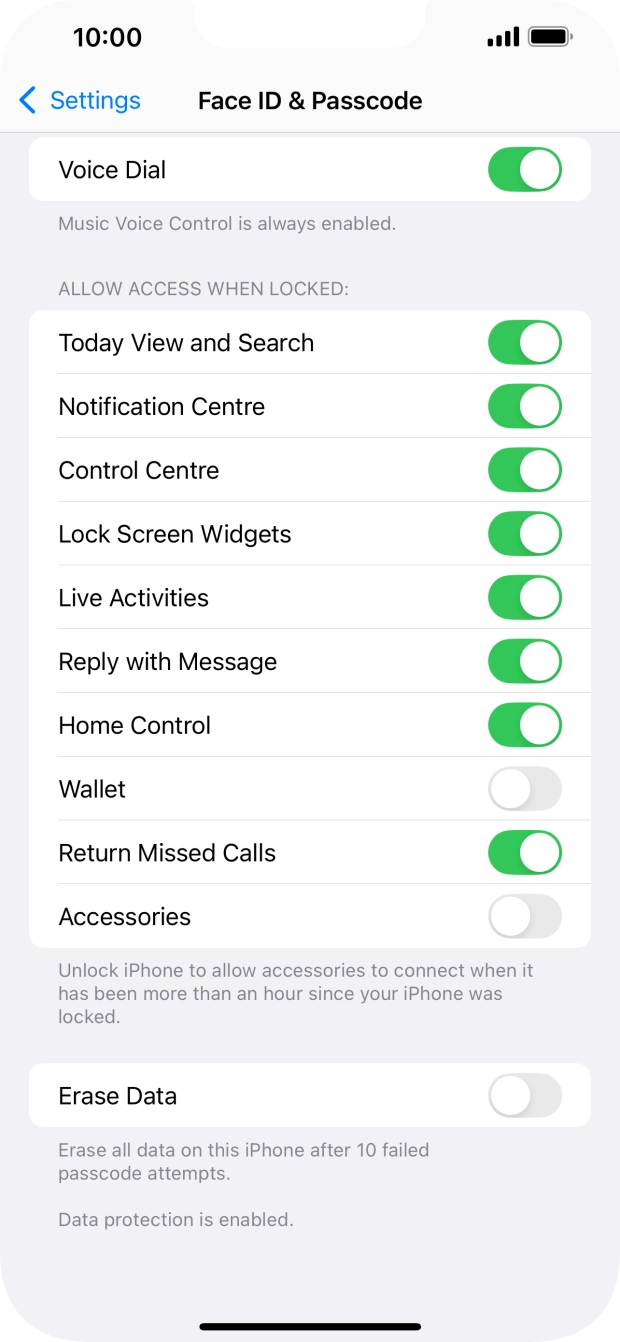Press the indicator next to 'Erase Data' to turn the function on or off.