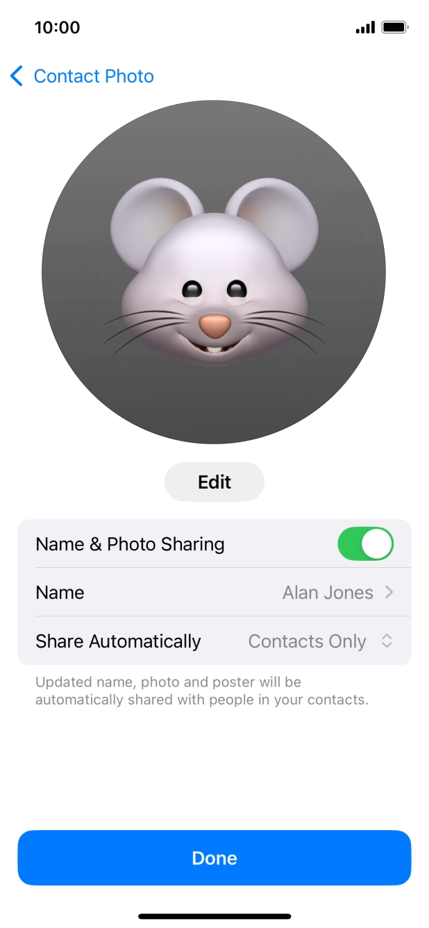 Press the indicator next to 'Name & Photo Sharing' to turn the function on or off. Press the indicator next to 'Name & Photo Sharing' to turn the function on or off.