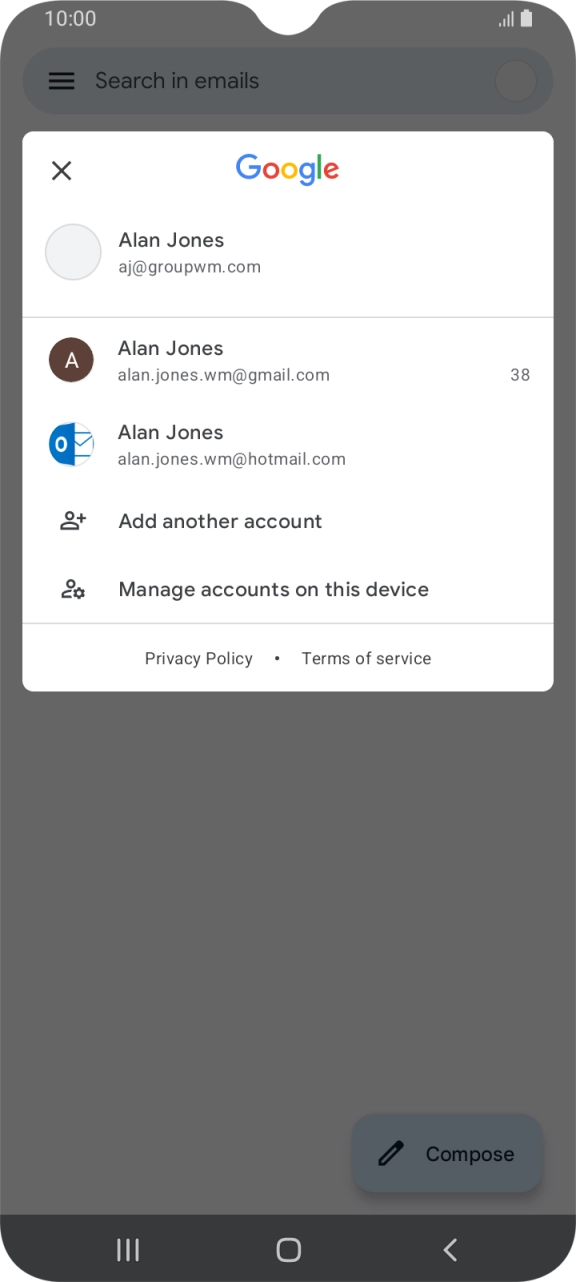 Press the required email account. Press the required email account.