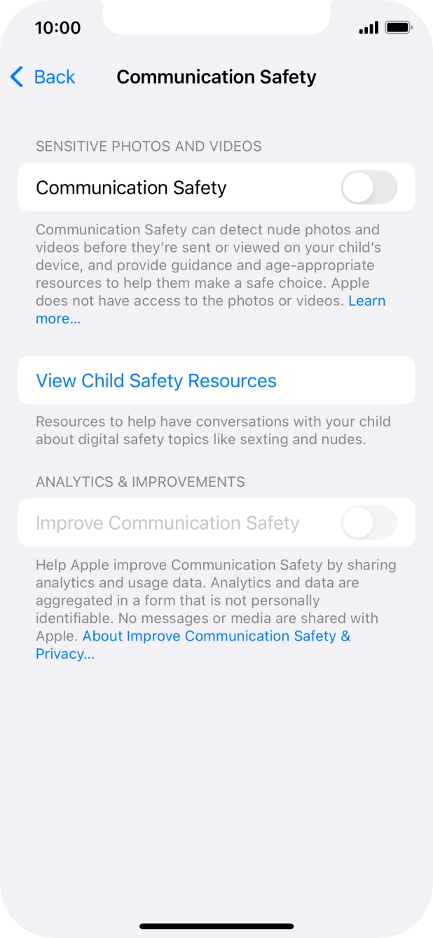 Press the indicator next to 'Communication Safety' to turn the function on or off.