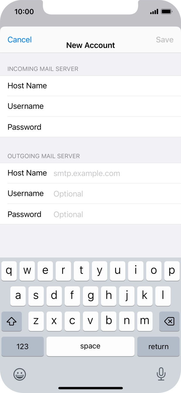 Press Host Name and key in the name of your email provider's outgoing server. Press Host Name and key in the name of your email provider's outgoing server.