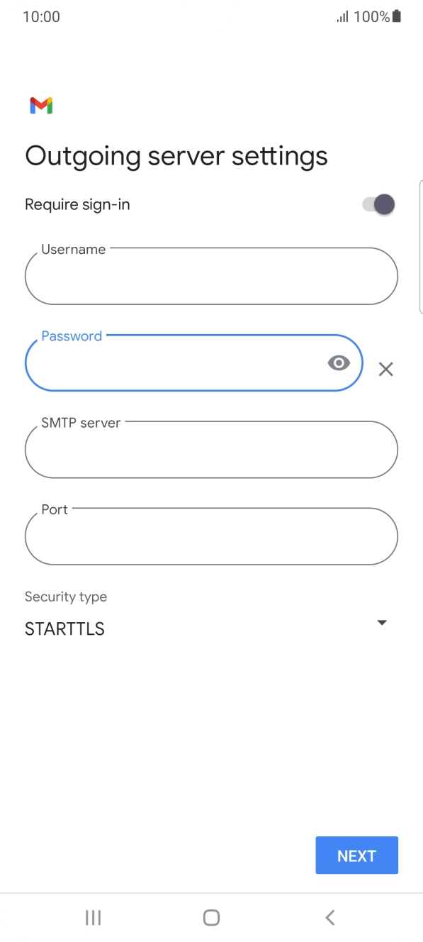Press the field below 'SMTP server' and key in the name of your email provider's outgoing server. Press the field below 'SMTP server' and key in the name of your email provider's outgoing server.