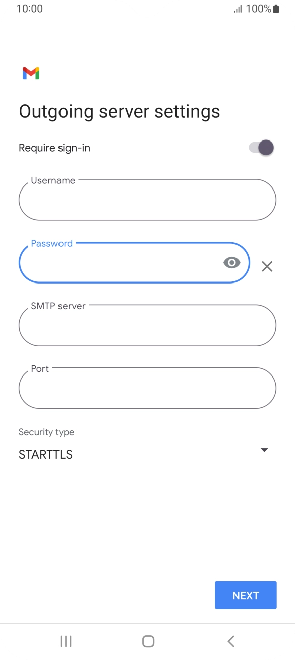 Press the field below 'SMTP server' and key in the name of your email provider's outgoing server. Press the field below 'SMTP server' and key in the name of your email provider's outgoing server.
