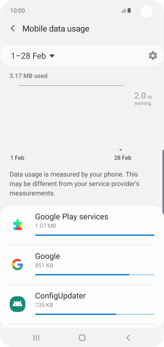 The data usage for each application is displayed below the name of the application.