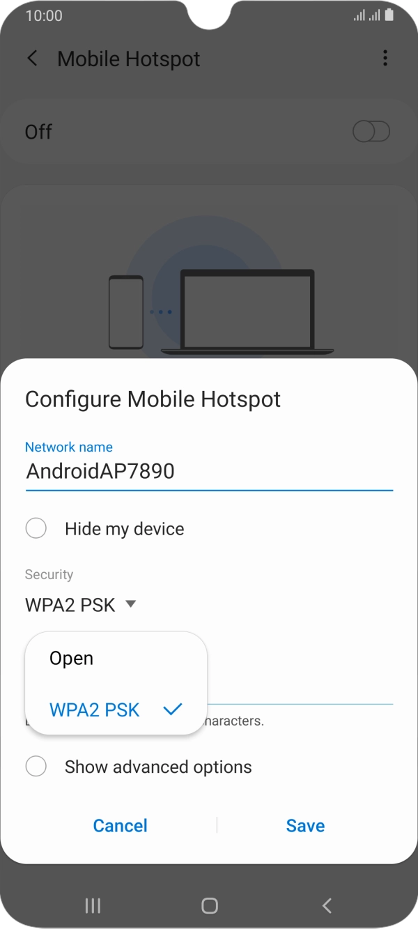 Press WPA2 PSK to password protect your WiFi hotspot.