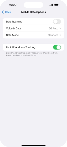 Press the indicator next to 'Data Roaming' to turn the function on or off.
