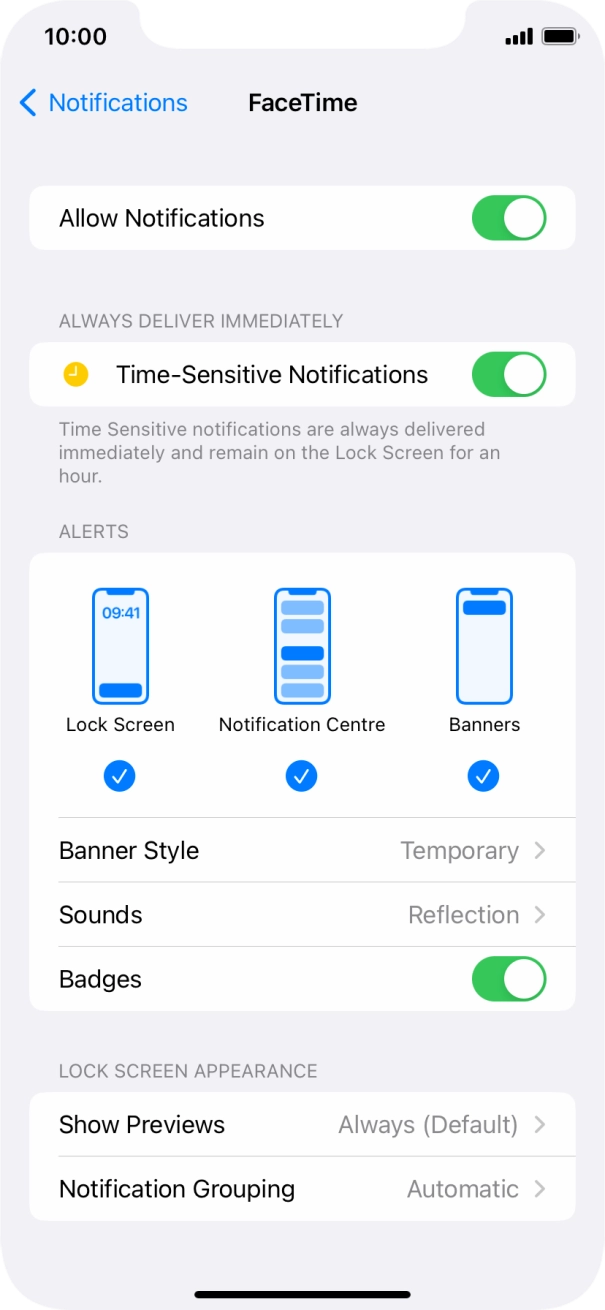 Press the indicator next to 'Allow Notifications' to turn notifications for the selected application on or off. Press the indicator next to 'Allow Notifications' to turn notifications for the selected application on or off.