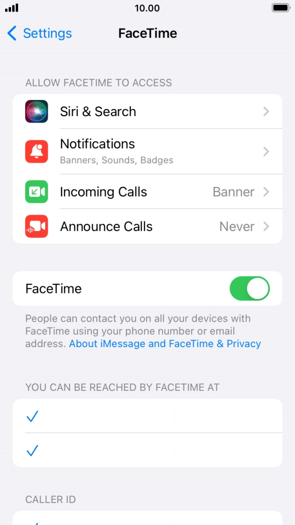 Press the indicator next to 'FaceTime' to turn the function on or off. Press the indicator next to 'FaceTime' to turn the function on or off.